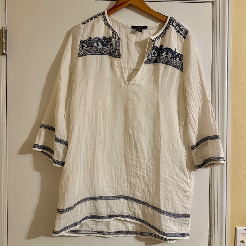 Forever 21 Dress Womens Medium White Blue Embroidered Boho Peasant 3/4 Sleeve - Picture 10 of 10